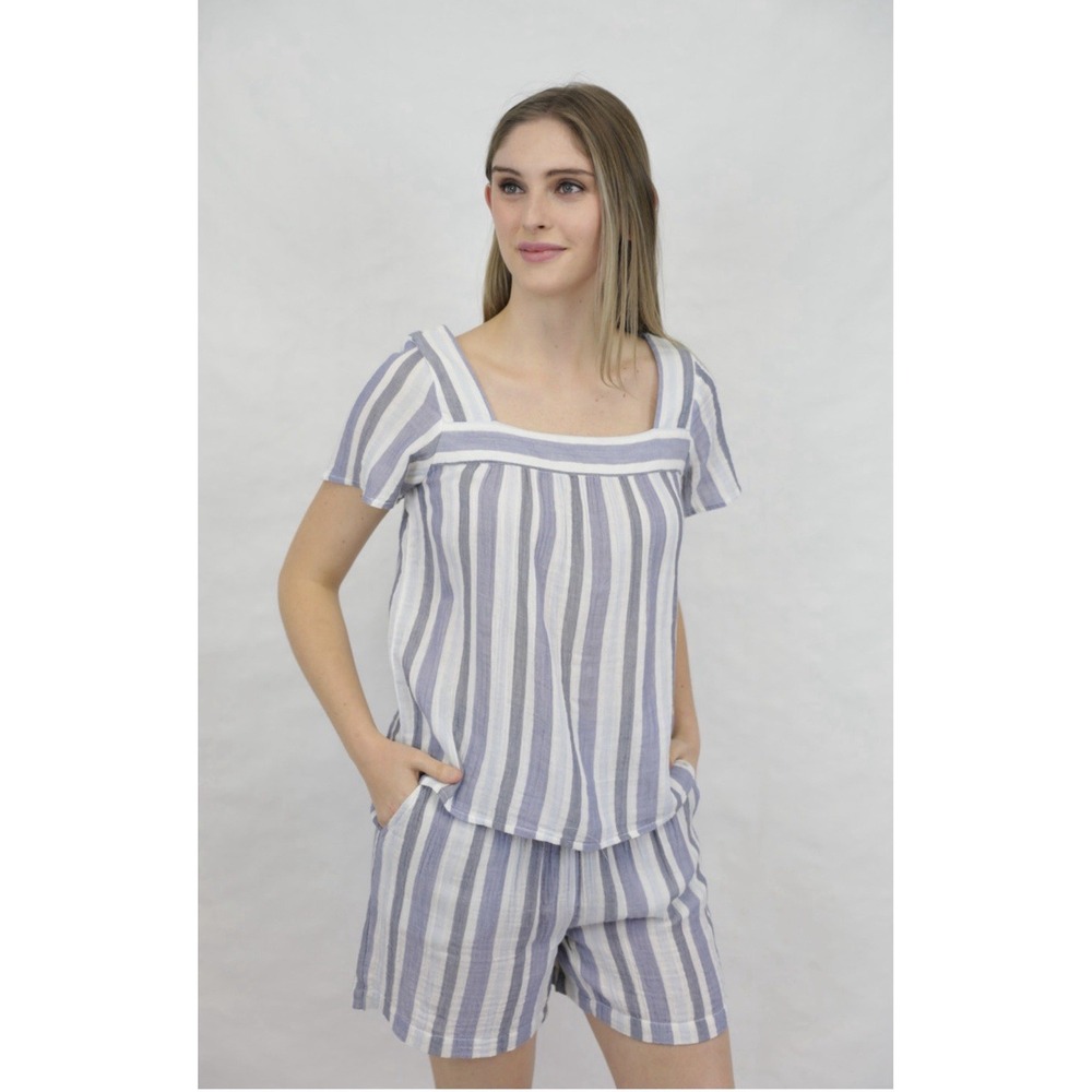 Beachlunchlounge Striped Gauze Cotton Short Sleeve Top Women's Size Medium